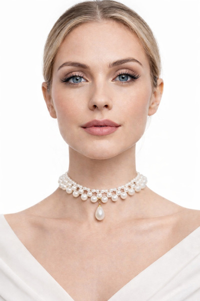 Yağmur İnci Kolye Choker Damla Sallantı Beyaz Özel Tasarım Gelin Balayı Nikah...