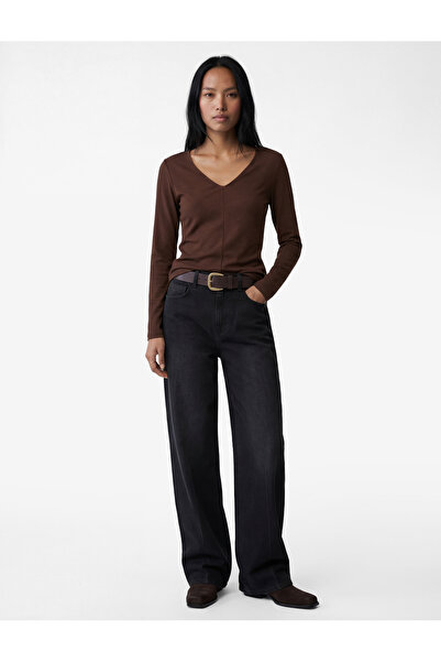 Koton Βαμβακερό μπλουζάκι με μακρύ μανίκι και λαιμόκοψη V εφαρμοστό