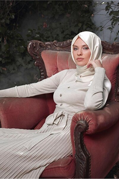 TRENDTESETTÜR KADIN BEJ (TAŞ) ETEĞİ PİLELİ DÜĞMELİ TRİKO ELBİSE 41031