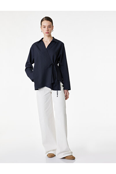 Koton Uzun Kollu Yandan Bağlama Detaylı Çizgili Gömlek