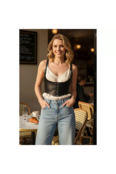 leopardess Siyah Kadın Kemer Bağcıklı Korse Tipi Geniş Bel Aksesuarı