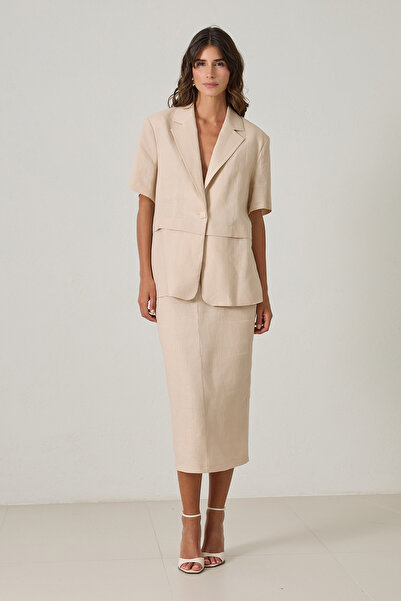 Setre Beige 100% Linen Wide Fit Short Sleeve Jacket with Button and Waist Detail