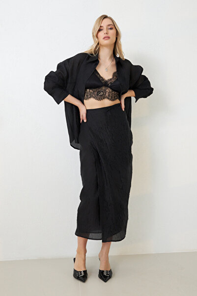 Setre Fusta cu model lungime midi detaliată cu cravată neagră