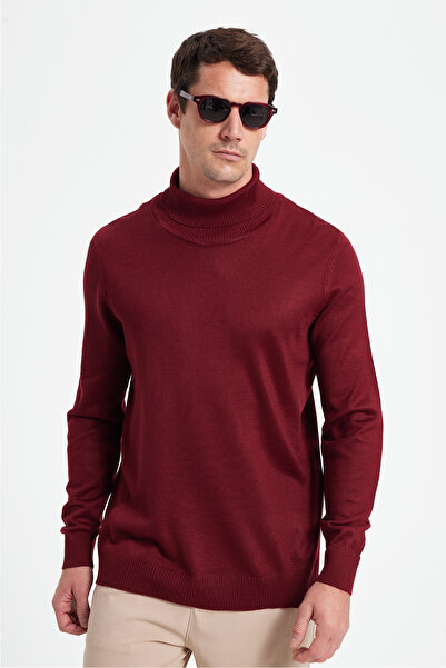 Tudors Slim Fit Full Turtleneck Plain Wool Claret Red Men's Knitwear Sweater