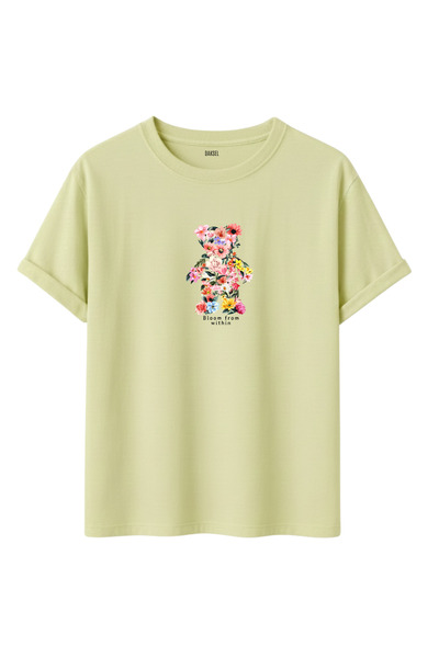 DK DAKSEL تي شيرت نسائي متعدد الألوان مزين بالزهور على شكل دب قصة فضفاضة من ا...