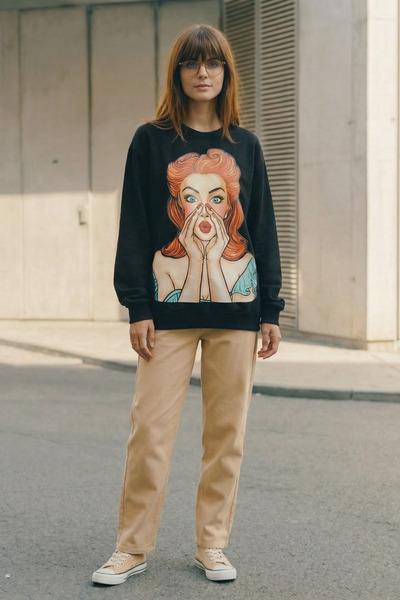 poupee Siyah Sweatshirt, Kadın Sweatshirt, Oversize Sweatshirt, Kadın Swit