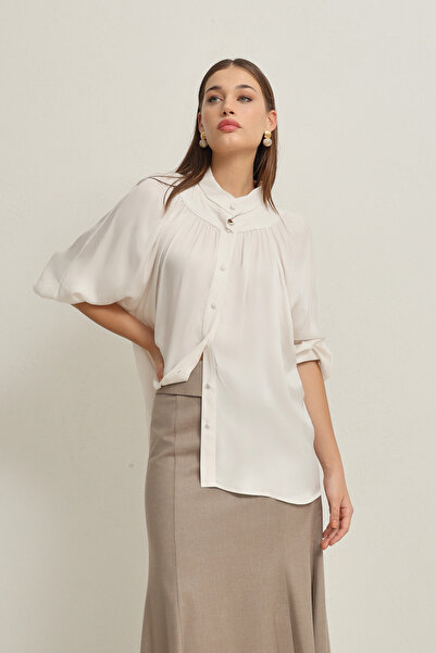Setre Ecru Neck and Collar Detailed Relaxed Fit Shirt