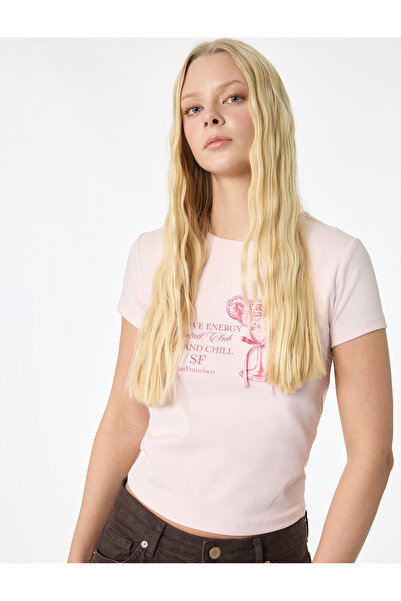 Koton Fiyonklu Baskılı Pembe Kadın T-Shirt 6SAL10047IK