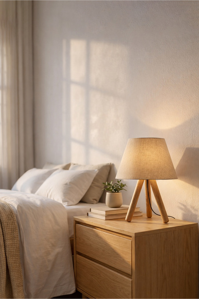 HOMİNG Ahşap 3 Ayak Abajur Sütlü Kahverengi Kumaş