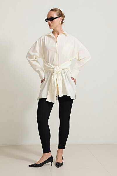 Setre Cream 100% cotton belted detailed long sleeve shirt