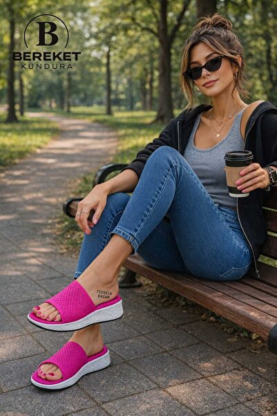 Bereket Kundura 3137 نموذج مريح بكعب منخفض فوشيا وردي تريكو النعال مثقبة