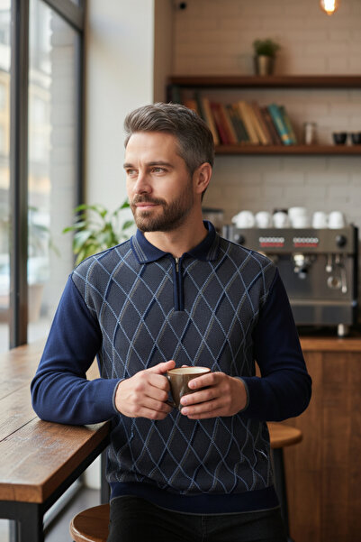 Kamalı Men's Navy Blue Non-Pilling Anti Pilling Fabric Standard Fit Normal Cu...