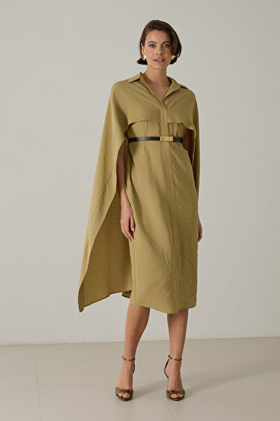 Setre Mustard Cape and Belt Detailed Shirt Collar Dress