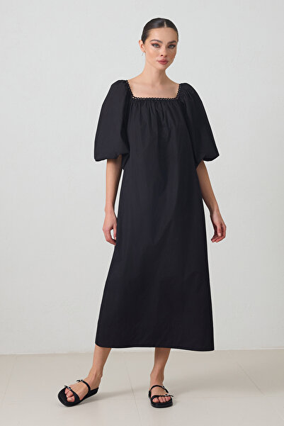 Setre Rochie neagră din bumbac cu mâneci și guler