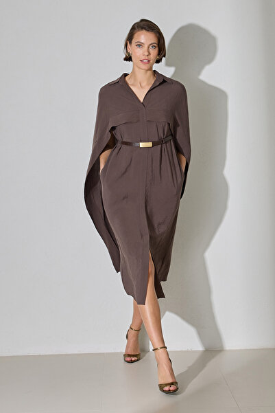 Setre Acı-Kahve Pelerin Ve Kemer Detaylı Gömlek Yaka Elbise