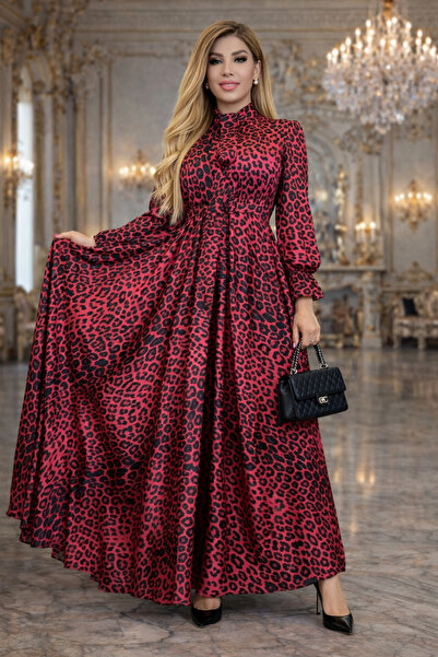 Yeşilmoda Abiye elbise maxi Saten İşlemeli astar Leopar kemerle Uzun kollu te...