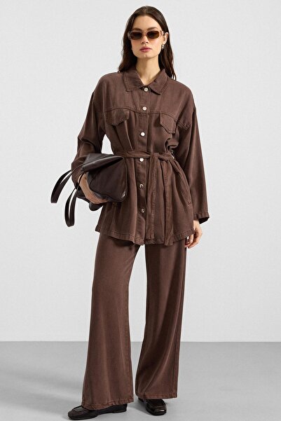 Olcay Snap Fastener Soft Denim Jacket and Trousers Two-Piece Set Brown 9398-Tk
