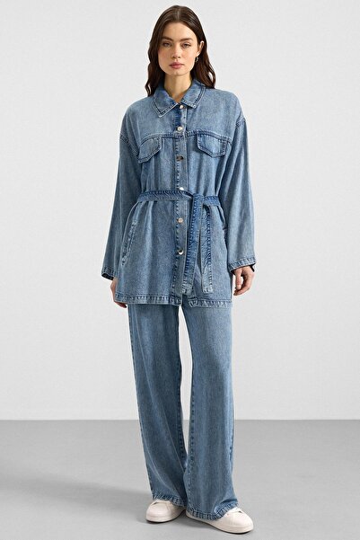 Olcay Snap Fastener Soft Denim Jacket and Trousers Set Blue 9398-Tk
