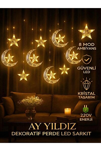 VOLEMİ Ay Yıldız Perde Led 8 Mod Saçaklı Perde Peri Mutfak Işık Dekoratif Lam...