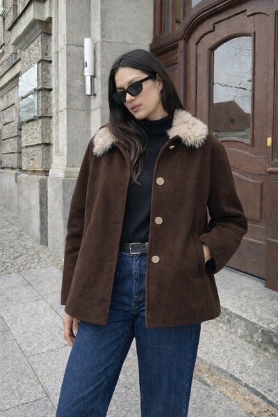 oshebu Bitter Brown - Women's Fur Detachable Collar Lined Cashmere Jacket