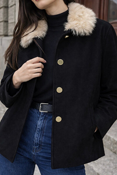 oshebu Black - Women's Fur Detachable Collar Lined Cashmere Jacket