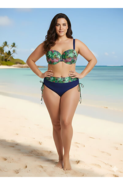 hazelin Women's Green Floral Patterned Lined Navy Blue Large Size Bikini Suit...