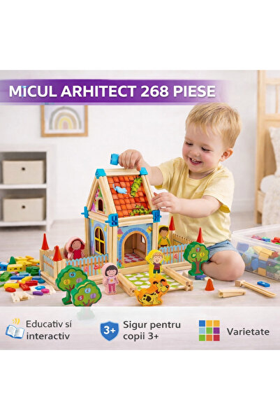 SMARTECH Set de construcții din lemn cu 268 de piese pentru copii, Micul Arhi...
