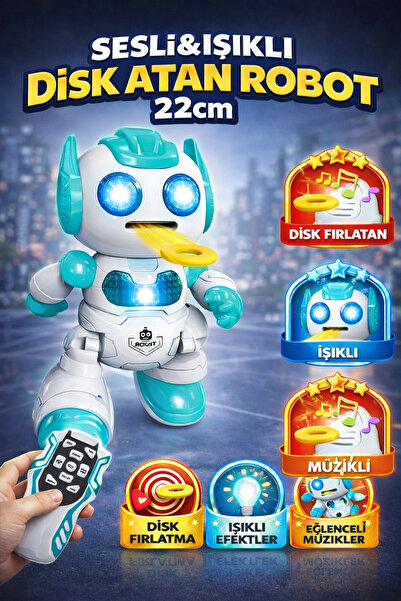 YILDIRIM OYUNCAK Uzaktan Kumandalı Disk Atan Sesli Işıklı Renkli Sevimli Robo...