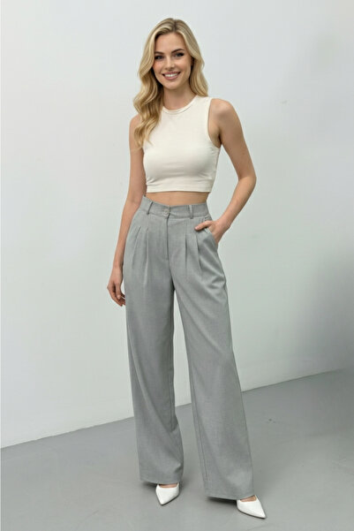 Potenza Women's Trousers Buttoned Pleated Detailed Double Pockets Wide Leg Po...