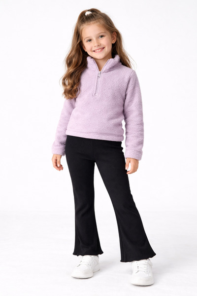 İncili Girl's Black Ribbed Ruffled Spanish Leggings Pants |   Wave Tip Detail...