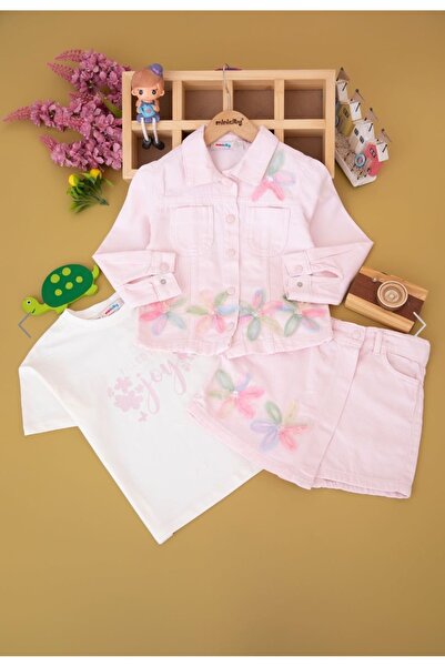 nazarbebe Set 3 piese pentru fete – Jachetă cu detalii florale, tricou și pan...