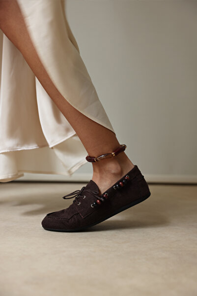 LUTVELIZADE Loafer 2516 - Boncuk Aksesuarlı Bağcıklı Acı Kahve Süet Kadın Loafer