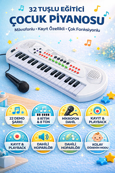 YILDIRIM OYUNCAK 32 Tuşlu Kayıt Tuşlu Şarkılı Mikrofonlu 32 Tuşlu Org Piyano ...