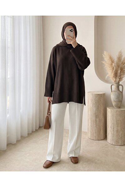 Modamorfo Ribbed Round Neck Slit Knitwear Tunic with Ribbed Hem and Sleeve Cu...