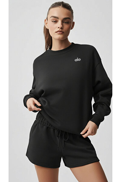 HepsitrentStore سويت شيرت أسود أساسي ذو ياقة دائرية وقصة واسعة