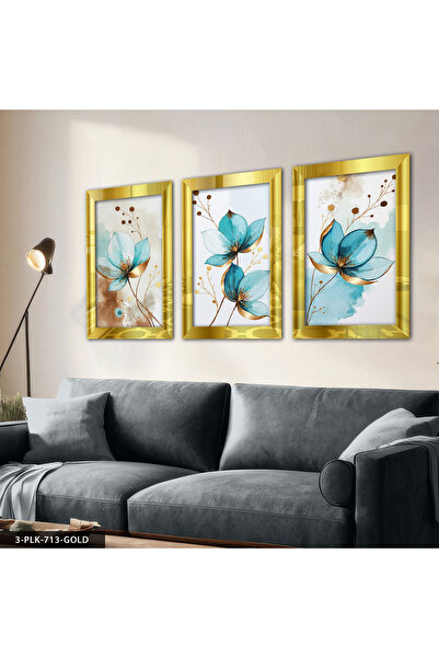 Evinemoda Watercolor Look Blue Flower 3 Piece Plexiglass Mirrored Painting