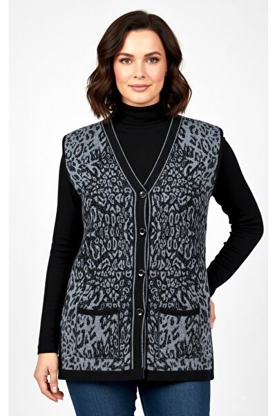 SİNAY TRİKO Kadın Leopar Desenli Cepli Düğmeli Yandan Yırtmaçlı Triko Anne Yelek