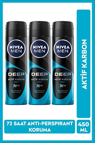 NIVEA Erkek Deep Beat Aktif Karbon Deodorant 150 ml X 3 Adet