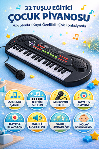 YILDIRIM OYUNCAK 32 Tuşlu Kayıt Tuşlu Şarkılı Mikrofonlu 32 Tuşlu Org Piyano ...