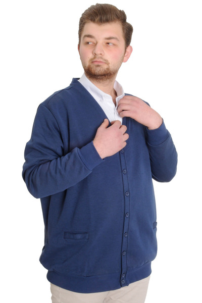 ModeXL Mode XL Büyük Beden Erkek Hırka Düğmeli DOUBLE FACE 20551 İndigo