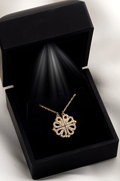 SARIASLAN Işıklı Kutuda Mıknatıslı Açılan Yonca Gümüş Kolye 14 Ayar Altın Renk