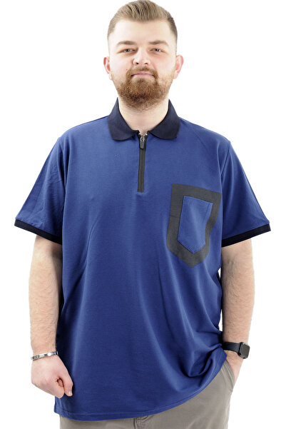 ModeXL تي شيرت رجالي كبير الحجم بياقة بولو بسحاب - جيب، نيلي U24325