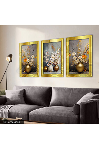 Evinemoda Vazoda Çiçekler 3 Parça Pleksi Aynalı Çerçeveli Tablo