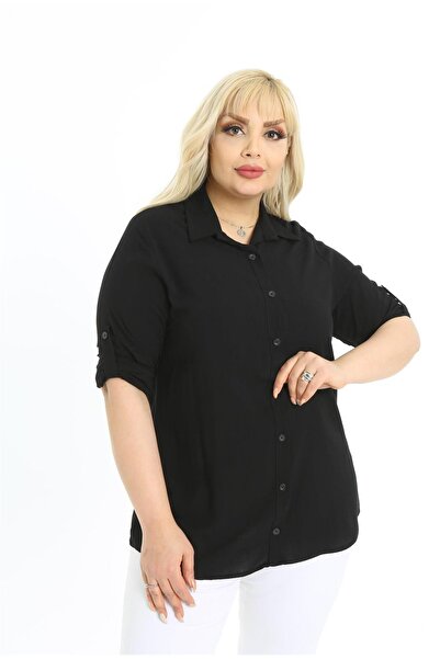 By Alba Collection Kadın Pamuk Viskon Düz Büyük Beden Gömlek Siyah