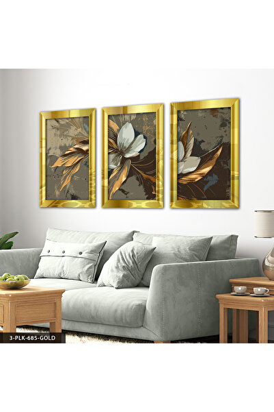 Evinemoda Pictură în ulei cu aspect de flori cu frunze aurii, 3 piese, tablou...