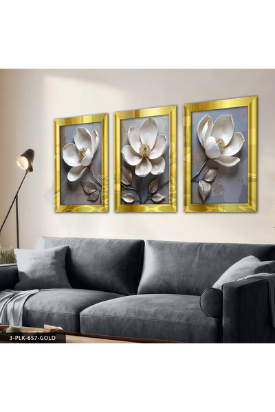 Evinemoda Beyaz Çiçek 3 Parça Gold Pleksi Aynalı Tablo