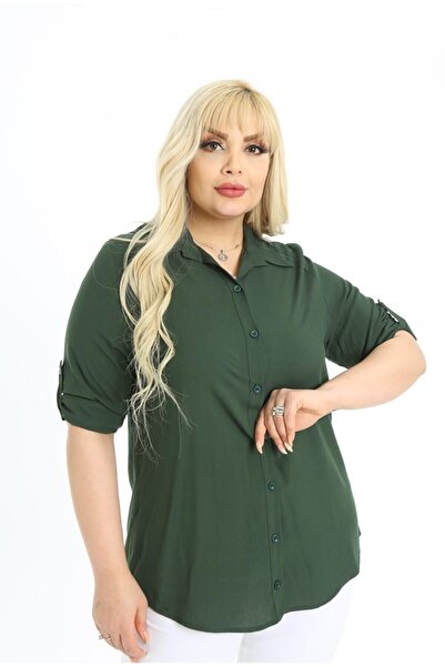 By Alba Collection Kadın Pamuk Viskon Düz Büyük Beden Gömlek Haki