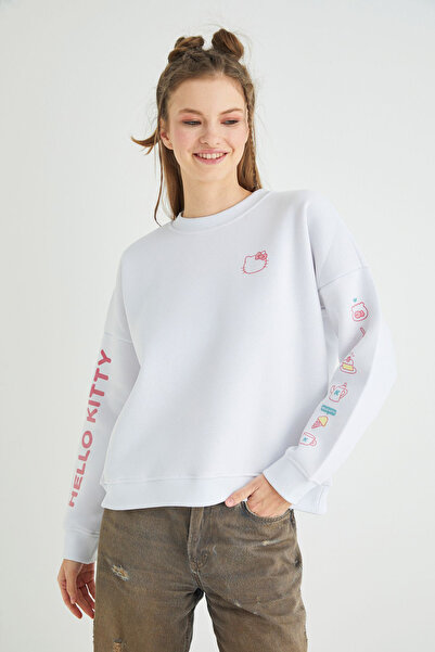 Hello Kitty Lisanslı Baskılı Kalın Oversize Beyaz Sweatshirt
