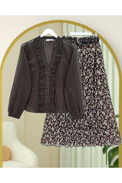 Modamorfo V-Neck Front Ruffled Tencel Semi-Transparent Bouquet Shirt -K. Coffee