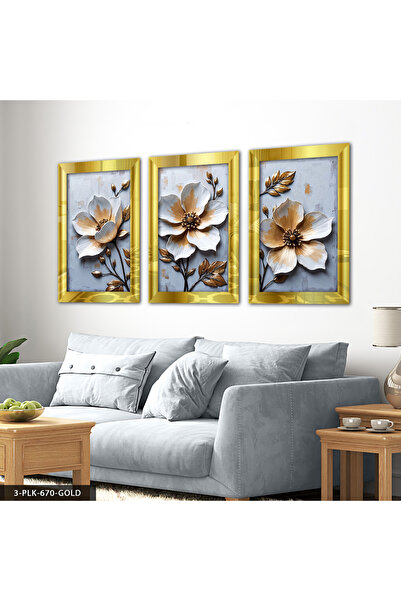 Evinemoda Teksturirano Pogled na beli cvet, 3-dijelni zlatni stol od pleksigl...